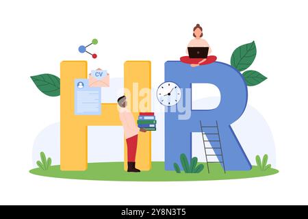 HR search for candidates for corporate company vacancy. Tiny people find and recruit talent employees, headhunters review online resume and CV, recruit staff at HR text cartoon vector illustration Stock Vector