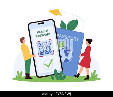 Health certificate with QR code and passport for international travel. Tiny people holding smartphone with medical scan and check mark on screen, electronic boarding pass cartoon vector illustration Stock Vector
