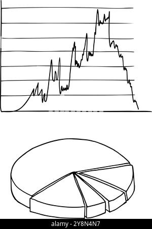 Business analytical trend line graph. Volumetric ring pie chart divided into 5 sectors of different sizes. Infographic design template drawn by hand Stock Vector