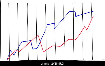 Analytical graphic chart with red, blue trend lines hand drawn ink sketch. Change in time of election results or income, plans. Vector illustration Stock Vector