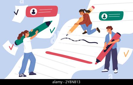 People sign document with big pens. Men and women mark items in checklist. Tiny businessman holding huge marker or and pencil. Work agreement contract Stock Vector
