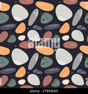 Pebble stones seamless pattern. Rounded smooth cobblestones with textures. Different flat shapes and colors. Marine gravel cobbles. Geological boulder Stock Vector