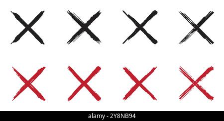 Set of hand drawn X marks in brush stroke. grunge red cross sign set. Brush x cross isolated on white background. Vector Collection. Stock Vector