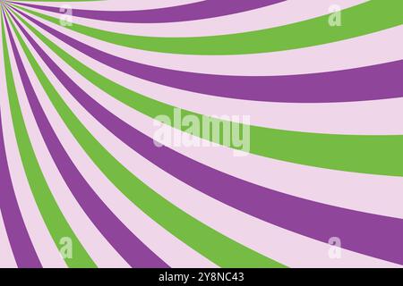Green and purple wavy radial sunburst vector background banner. Carnival circus style. Comic stripe background. Sunbeam pattern. Old poster. Stock Vector