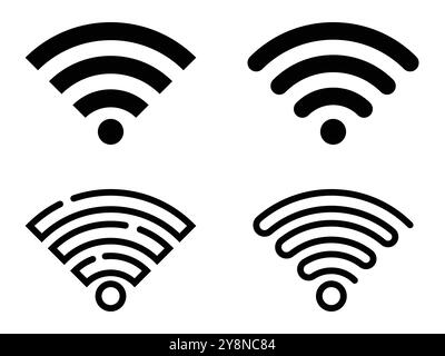 Wi-Fi signal icon set. Four wireless network symbols in simple black line art. Isolated vector illustrations on white background. Stock Vector