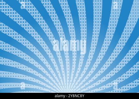 Blue vintage wavy sunburst vector background banner. Carnival circus style. Halftone Comic stripe background. Grunge Sunburst pattern. Stock Vector