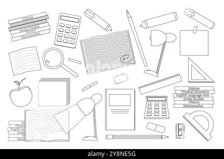 Simple black and white back-to-school themed coloring page featuring various school supplies for educational activities. Stock Vector