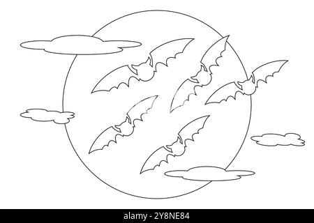 Simple Halloween-themed coloring page featuring bats flying in front of the moon. Perfect for kids activities and holiday fun. Stock Vector