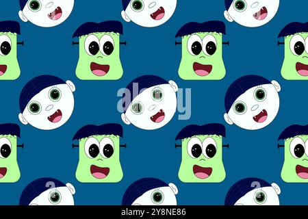 Seamless Halloween pattern with cute cartoon monsters, Frankenstein, and vampire heads. Ideal for spooky holiday designs. Stock Vector