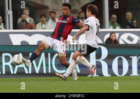 Bologna, Italia. 06th Oct, 2024. Bologna's Dan Ndoye fights for the ball with Parma's Adrian Bernabe' during the Italian Enilive Serie A soccer match between Bologna f.c. and Parma Calcio at the Dall'Ara Stadium, Bologna, northern Italy, Sunday, October 06, 2024. Sport - Soccer - (Photo Michele Nucci Credit: LaPresse/Alamy Live News Stock Photo