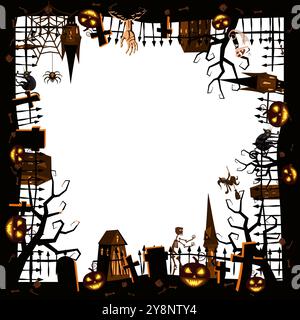 Halloween background frame. Cemetery, fence, abandoned mansion Stock Vector