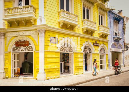 Cartagena de Indias, Colombia, May 15th, 2010: Sunny Facade: Colonial Charm in Cartagena de Indias Stock Photo