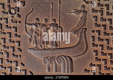 Kiev, Ukraine - August 14, 2024: Artistic metal casting (cast iron). Art image of monument to the founders of Kyiv on metal. Symbol of Kyiv in metal Stock Photo