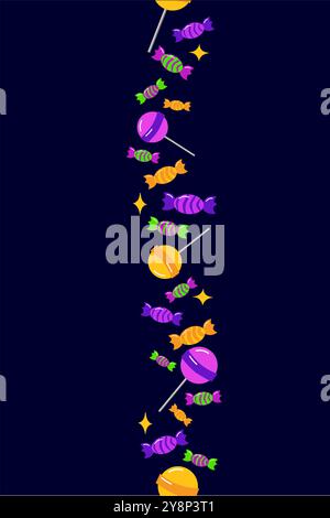 halloween seamless border with sweets candies and lolipops. Vertical pattern. Colorful caramel candies juicy vector cartoon border template on transpa Stock Vector