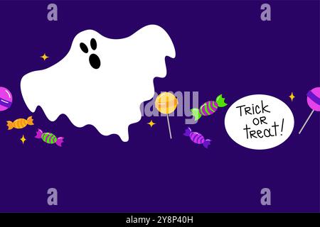 Scary Halloween ghost candies seamless border pattern dark vector Illustration Background Stock Vector