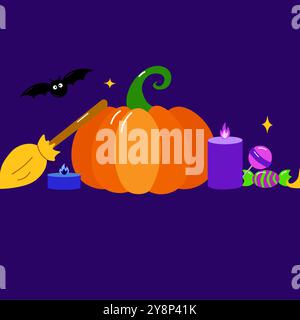 Happy Halloween banner or border with bats, pumpkin, candle, candies. Glowing Hanging Spooky Ornaments Decoration Vector illustration, trick or treat Stock Vector