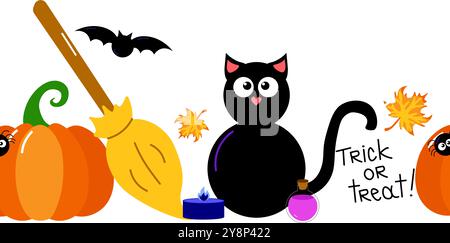 Cute hand drawn Halloween seamless vector pattern border with pumpkin, black cat, candle, great for textiles, surfaces, banners, wallpapers Stock Vector