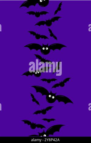 Halloween pattern. Bats vertical border. Cute bat on dark backdrop. Bats hand drawn, cartoon style bat. Halloween vector animal characters texture. Ha Stock Vector