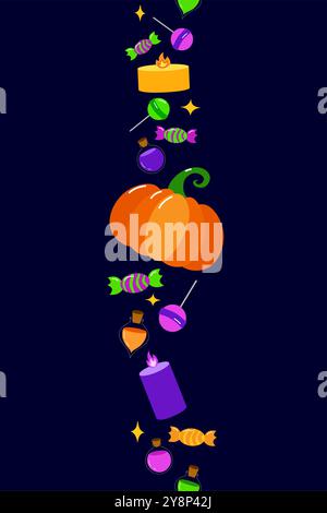 Halloween cartoon witchcraft vector seamless pattern vertical border. Halloween pumpkins, candies, lollipop, candle, poison Stock Vector
