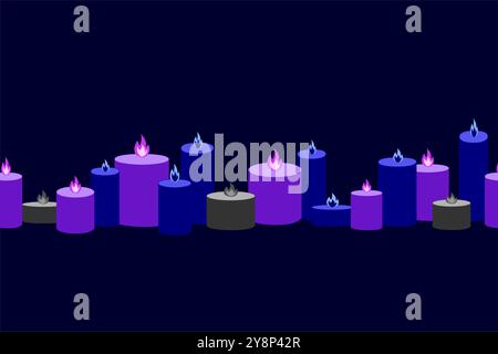 Seamless border with dark purple blue candles. halloween vector cartoon illustration Stock Vector