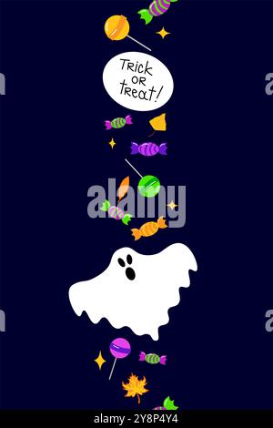 Happy Halloween vertical vector border with glowing ghosts and sweets and candies. Hanging Spooky Ornaments Decoration Vector illustration, trick or t Stock Vector