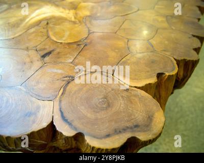 Fragment of a table top made from pieces of wood cuts Stock Photo