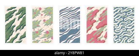 Abstract backgrounds. Natural pattern decoration. Modern fashion material. Wavy spots. Curve lines. Botanical shapes. Flat geometric texture. Doodle cover. Simple stars and bubbles. Vector banners set Stock Vector