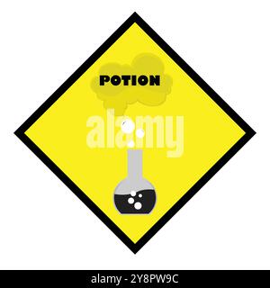 Yellow sticker with the silhouette of a chemistry bottle and the word potion Stock Vector