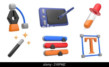 3D design icons. Graphic tools render like color brush, creative pencil or pen. Picture palette. Tablet stylus. Magic wand for photo editing. Brightness indicators. Web designer. Vector isolated set Stock Vector