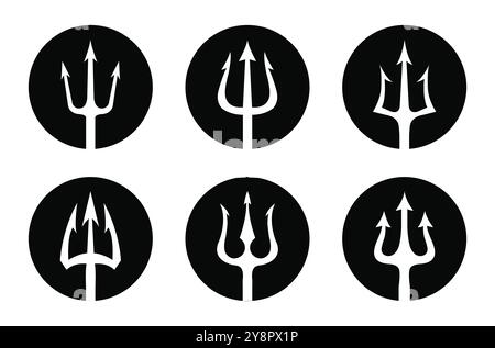 Trident vector icon set in black circle isolated on white background. Vector black logo set of tridents in circle Triton, Neptune, Poseidon. Stock Vector