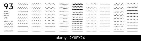 Wavy lines. Zigzag squiggly waves. Curvy wiggle or ripple graphic. Undulate wiggly sine. Black dividers. Jagged parallel. Angular amplitude. Straight underline. Horizontal waveform elements vector set Stock Vector