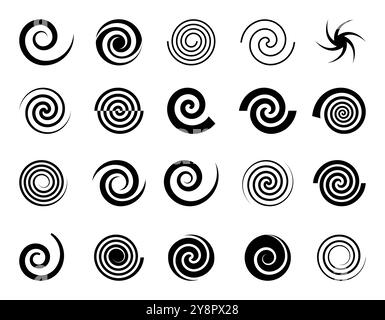 Spiral icons. Circle twirl, hypnosis swirl shape with graphic stroke. Simple round whirl elements. Minimal modern shape abstract funnel dynamic silhouettes. Curve line in rotation motion vector design Stock Vector