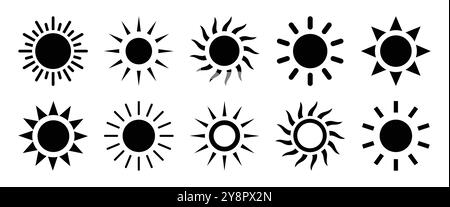 Sun icons. Sun vector icon set in black color isolated. Sun icon collection in black color. Solar summer icon isolated on white background. Flat style. Stock Vector
