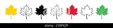 Set of flat maple leaf shape icons isolated on white background vector illustration. Maple leaf icon set in black, red, green and yellow color. Stock Vector