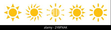 Sun icons. Sun vector icon set in yellow color isolated. Sun icons collection in yellow color. Solar summer icon isolated on white background. Stock Vector