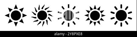 Sun icons. Sun vector icon set in black color isolated. Sun icons collection in black color. Solar summer icon isolated on white background. Stock Vector