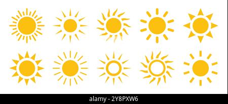 Sun vector icons. Set of 10 sun vector icon set in yellow color isolated set. Sun icon collection. Solar summer icon isolated on a white background. Stock Vector