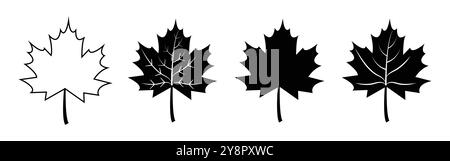 Set of flat black maple leaf shape icons isolated on white background vector illustration. Maple leaf icon set in black color. Forest and wood signs. Stock Vector