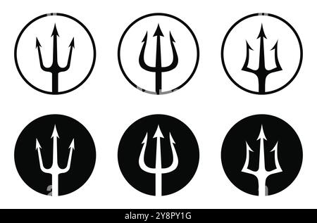 Trident icon set in circle isolated on white background. Vector black logo set of tridents in circle Triton, Neptune, Poseidon. Flat design. Stock Vector