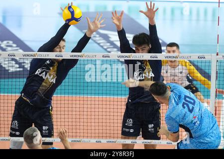 Block of Lorenzo Cortesia of Rana Verona during the match between Rana Verona and Cisterna Volley, regular season of the SuperLega Italian Volleyball Championship 2024/2025, at Pala AGSM-AIM in Verona, Italy on October 6, 2024. Stock Photo