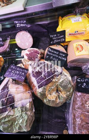 The “Antica Bottega Roticiani” is a traditional butcher in Orvieto, Italy.  Amazing porchetta sandwiches and other cured meats. Stock Photo