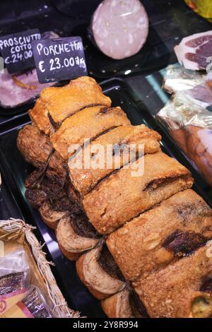 The “Antica Bottega Roticiani” is a traditional butcher in Orvieto, Italy.  Amazing porchetta sandwiches and other cured meats. Stock Photo