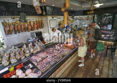 The “Antica Bottega Roticiani” is a traditional butcher in Orvieto, Italy.  Amazing porchetta sandwiches and other cured meats. Stock Photo