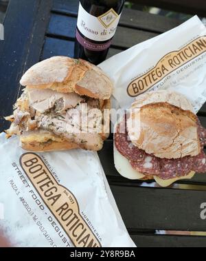 The “Antica Bottega Roticiani” is a traditional butcher in Orvieto, Italy.  Amazing porchetta sandwiches and other cured meats. Stock Photo