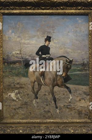 Alice Regnault (1849-1931). French actress. The Amazon (Alice Regnault Riding a Horse), ca. 1878. Portrait by Giovanni Boldini (1842-1931). Oil on board. Gallery of Modern Art. Milan. Italy. Author: Giovanni Boldini (1842-1931). Italian painter. Stock Photo