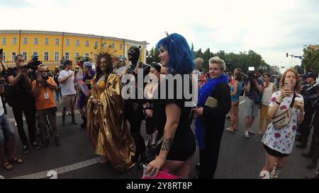 Kyiv, Ukraine - February 17, 2019: LGBT equality march, pride parade. Young people with rainbows are walking the streets to fight for LGBTQ rights. De Stock Photo