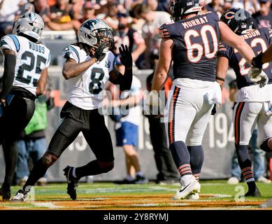 Chicago, United States. 06th Oct, 2024. Carolina Panthers cornerback Jaycee Horn (8) pushes Chicago Bears players after a fourth quarter Bears touchdown at Soldier Field in Chicago on Sunday, October 6, 2024. Horn was ejected from the game. The Bears defeated the Panthers 36-10. Photo by Mark Black/UPI Credit: UPI/Alamy Live News Stock Photo