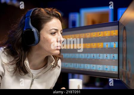 Photographer in creative studio working on digital portfolio showcasing photoshoot edited images. Photo editor selecting best photographs while listening music in headphones Stock Photo
