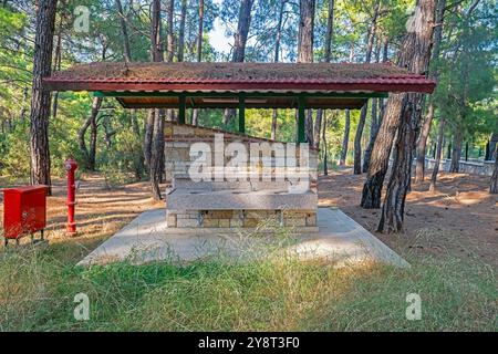 Red coloured fire hydrants and electrical panel near the fountain in the woods. Security measure in the forest. Stock Photo