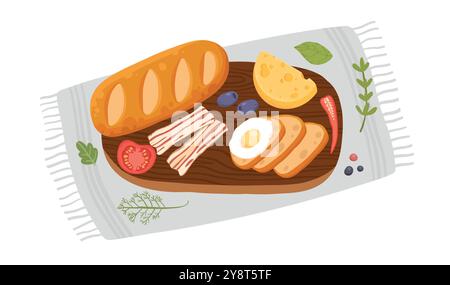 Bread on cutting board. Sliced farm grain rustic loafs on wooden board with knife, natural cereal bakery products, healthy food concept. Vector set on Stock Vector